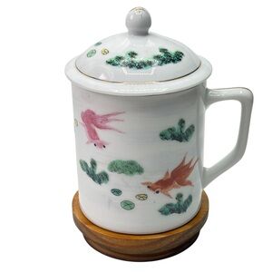 Chinese Porcelain Teacup Lidded Hand-painted Koi Fish Motif & Gold Trim 5" w/Lid